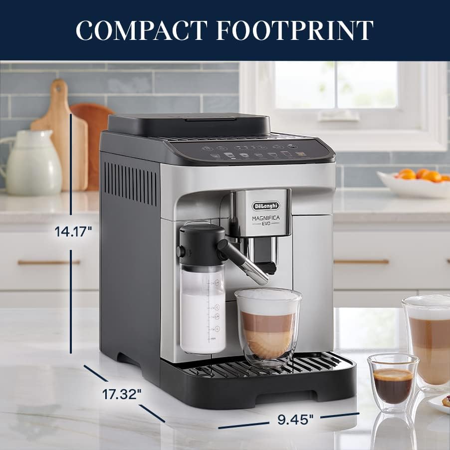 De'Longhi Coffee Machine on a kitchen counter with a seethrough glass mug with a coffee and milk